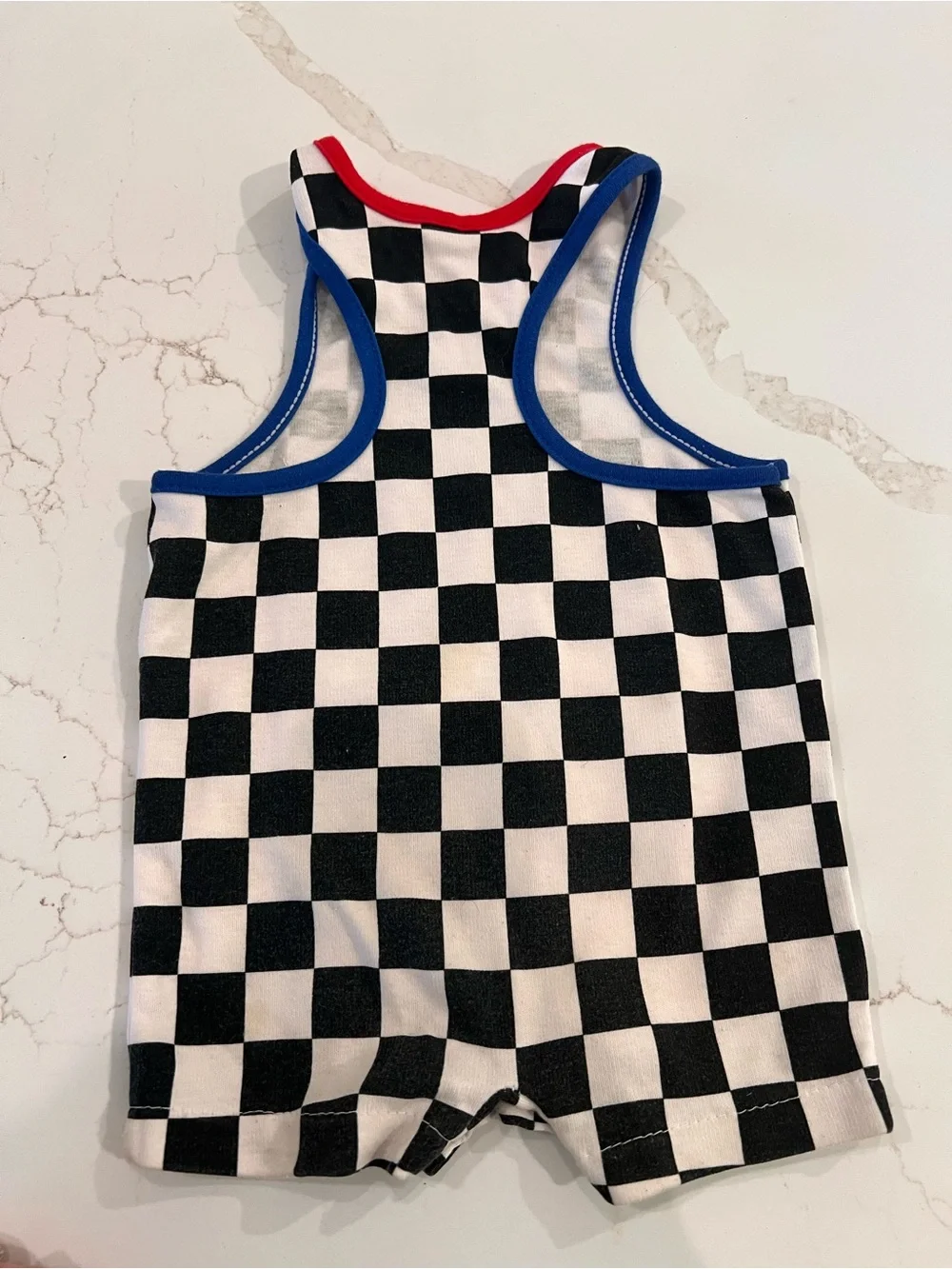 12M Vintage Race Champ Checkered Baby Romper - Black & White with Colorful Patch